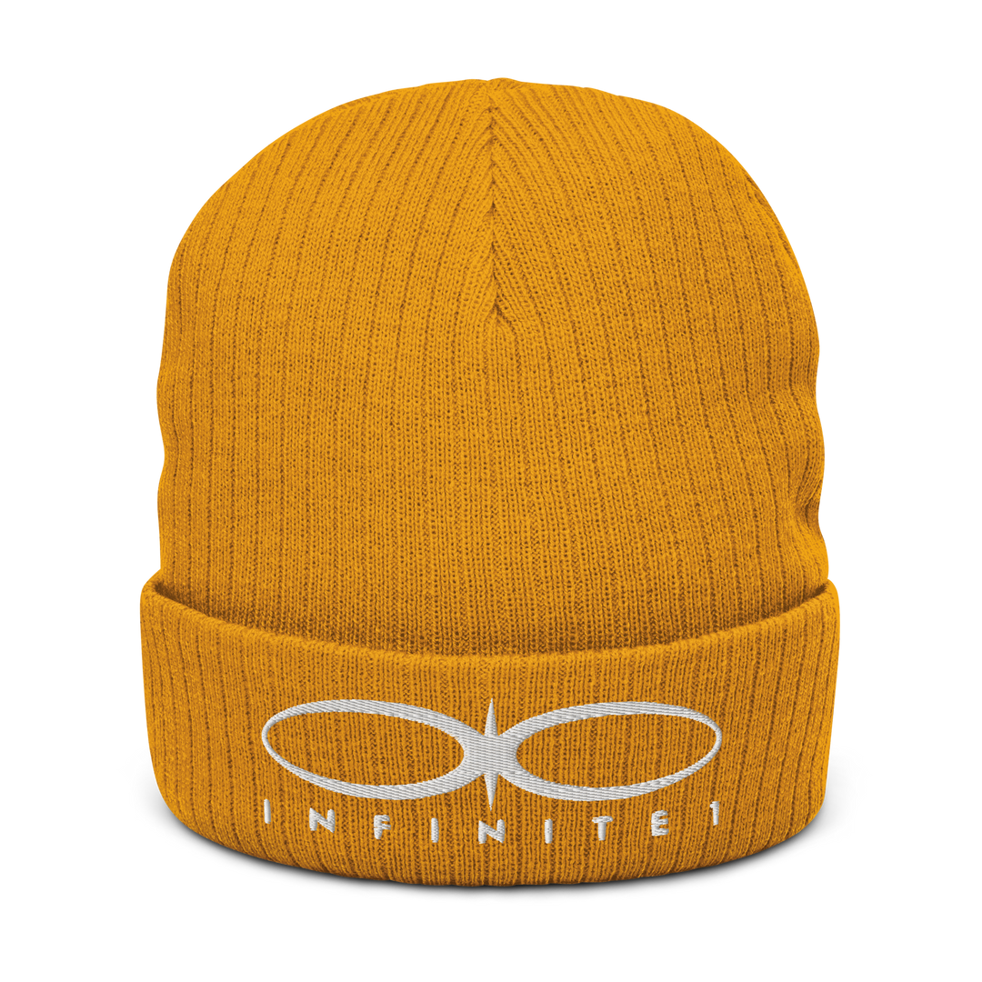 An image of a Ribbed Logo Over Text Mustard Yellow Knit Beanie.