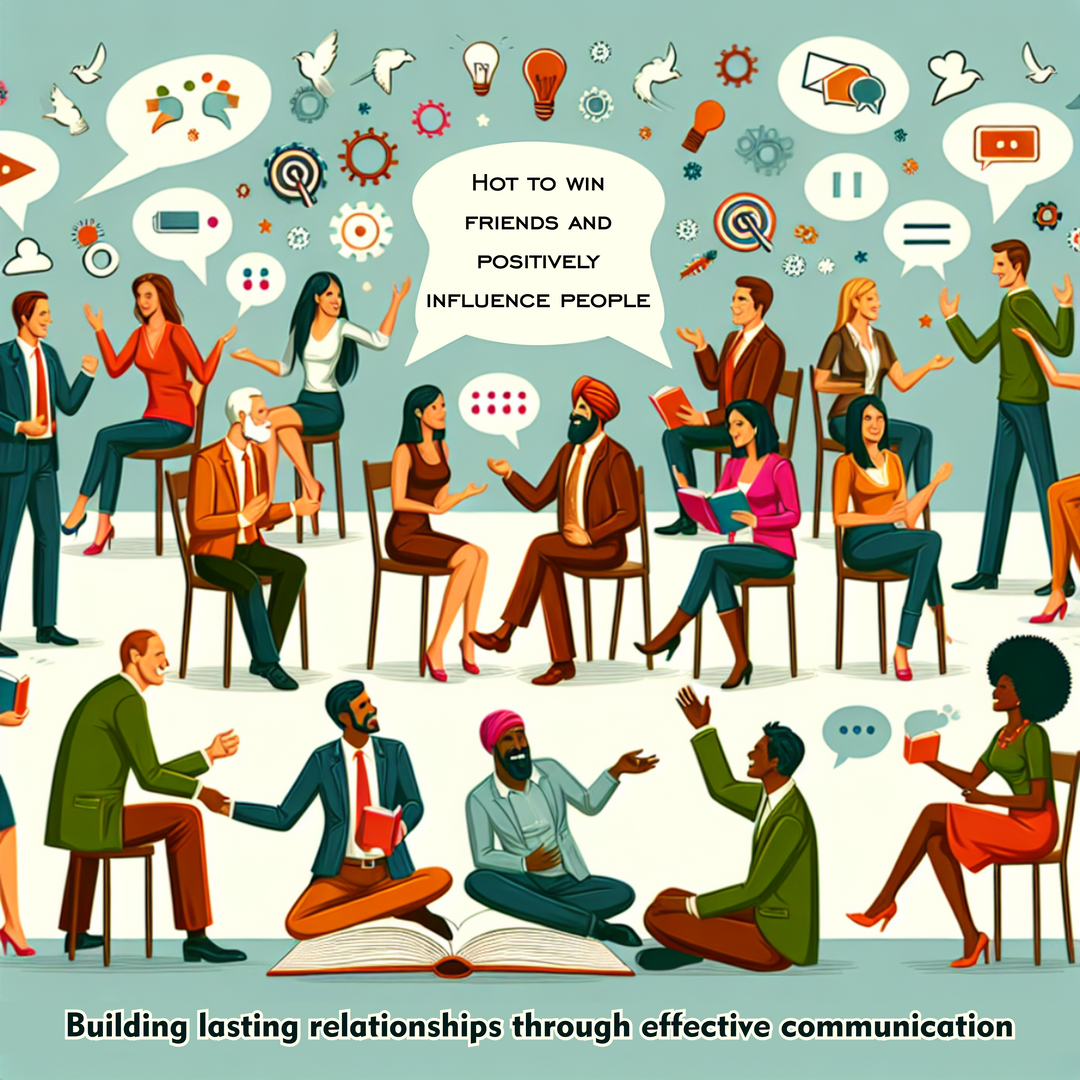 A cartoon graphic of many people of different cultures and backgrounds in conversation on the concept of How to Win Friends and Positively Influence People: Building Lasting Relationships Through Effective Communication.