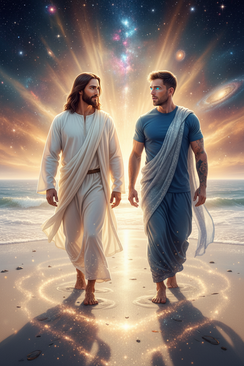 Two men in divine robes walking side by side on a cosmic beach, representing the question What Would Jesus Do