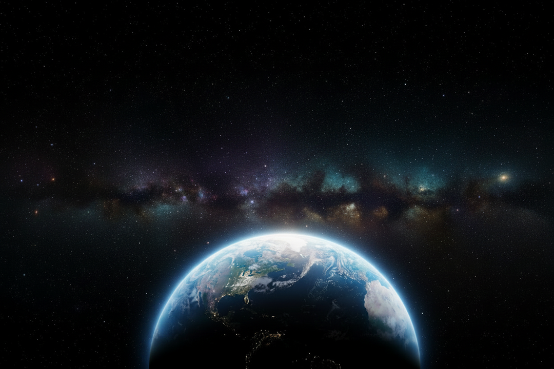 Earth floating in deep space, surrounded by stars and a dark galaxy backdrop — representing the Overview Effect and the unity of humanity.