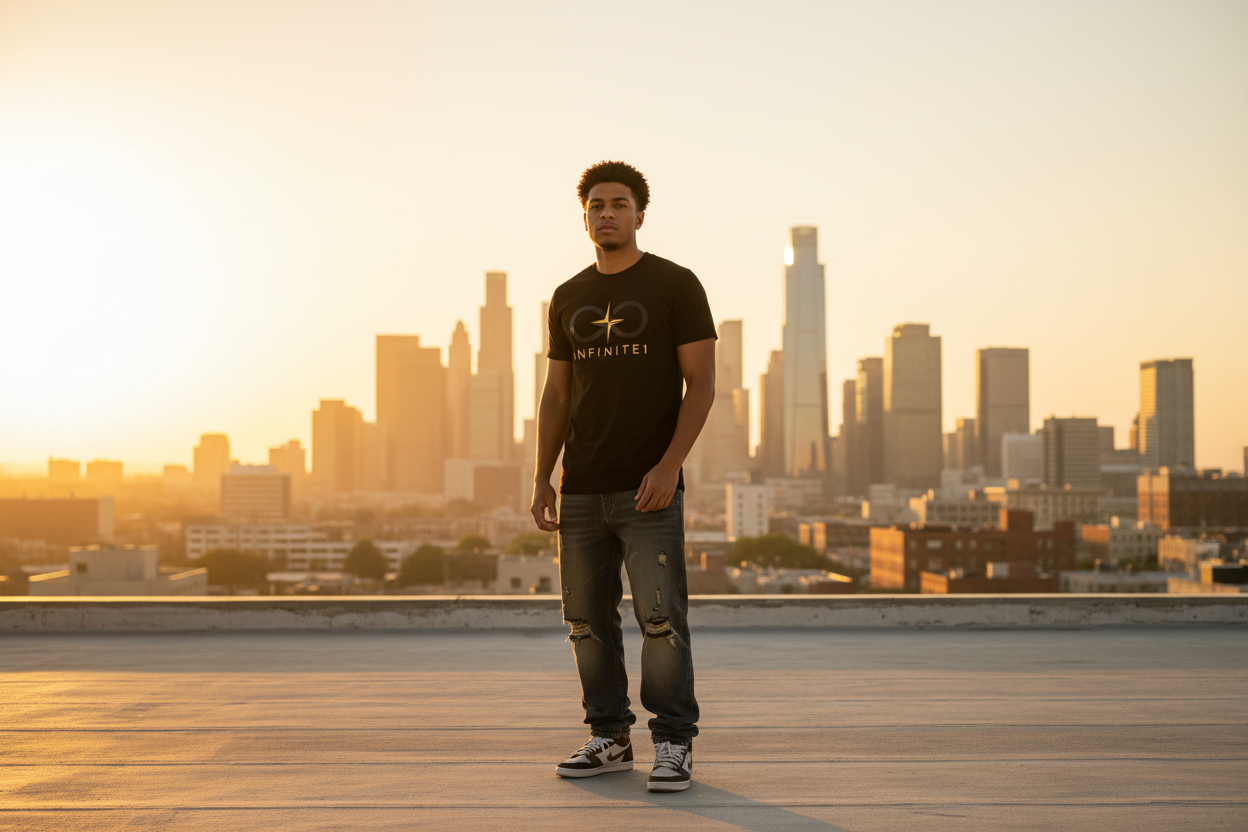 rooftop, golden hour, city skyline, Infinite1 tee