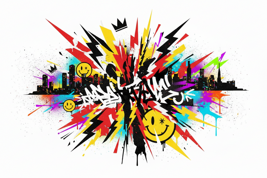 Abstract streetwear culture editorial graphic with vibrant colors, Infinite1 logo, crown symbols, and urban design elements