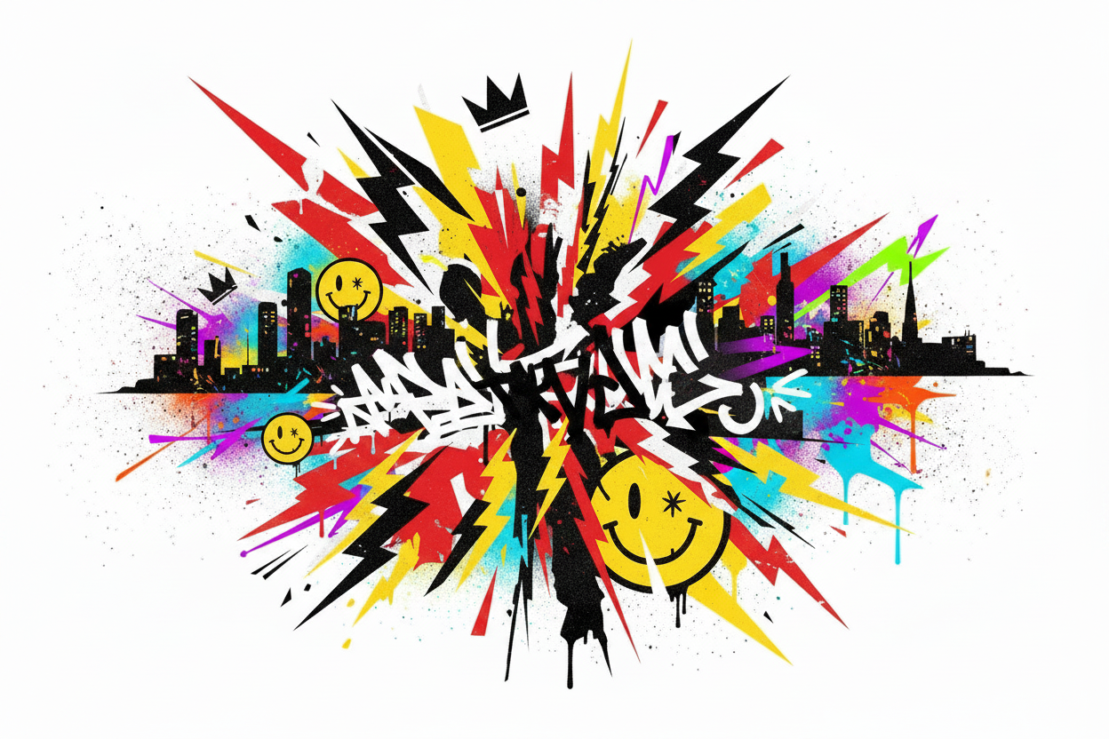 Abstract streetwear culture editorial graphic with vibrant colors, Infinite1 logo, crown symbols, and urban design elements