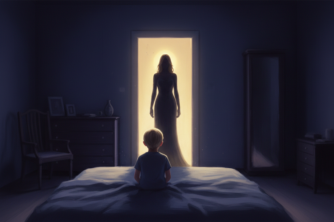 Young boy sitting up in bed at night facing a divine feminine silhouette backlit by a warm heavenly glow in the doorway — inspired by a true guardian angel encounter