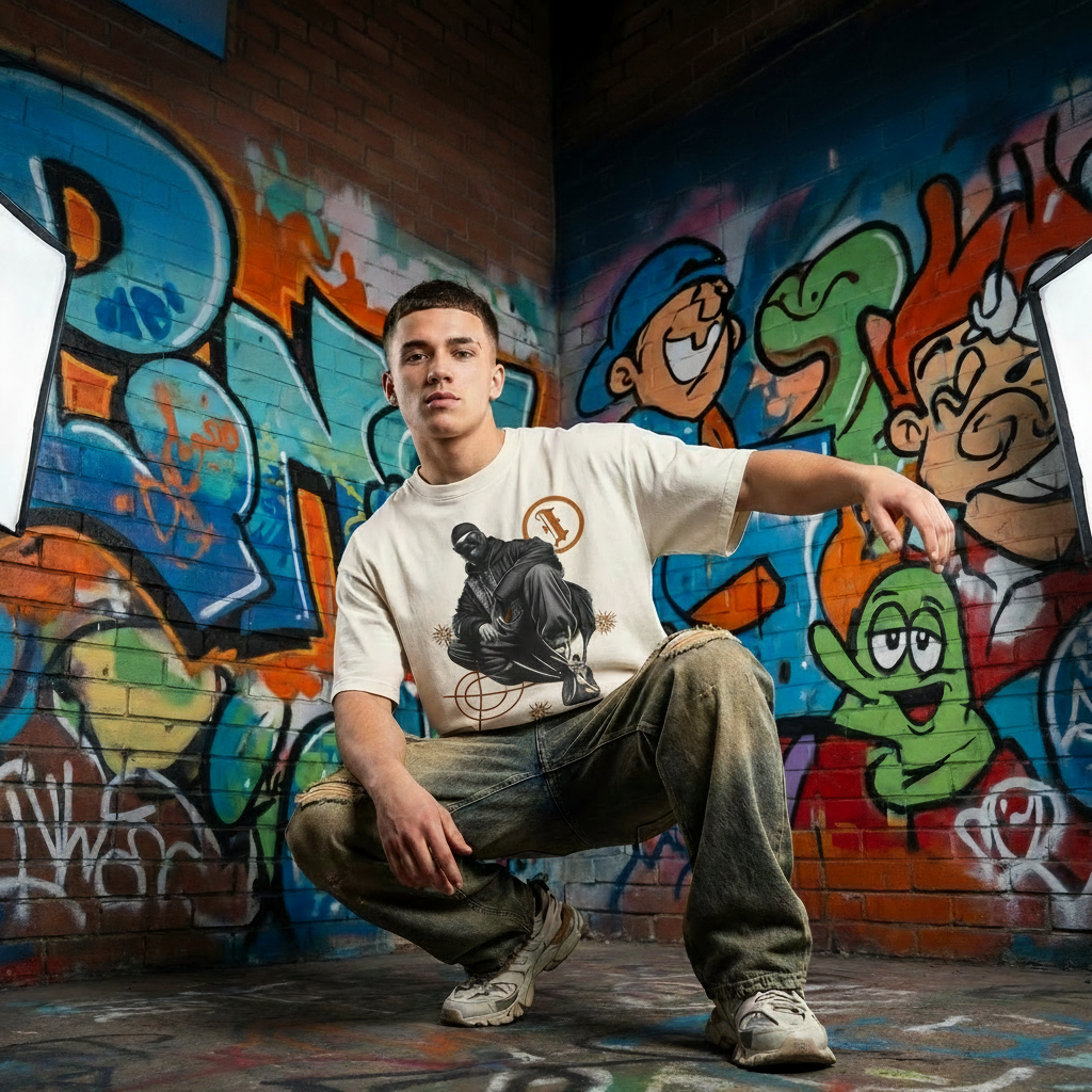 Urban & Edgy collection — streetwear model in oversized graphic tee against a colorful graffiti wall | Infinite1
