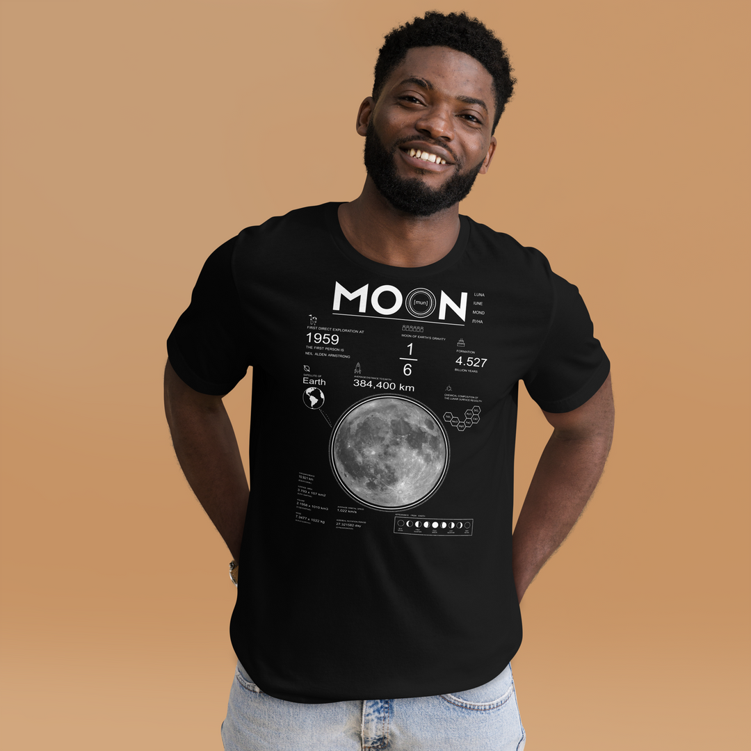 A happy young man is wearing the Men's Moon And Lunar Data Graphic Tee, front view.