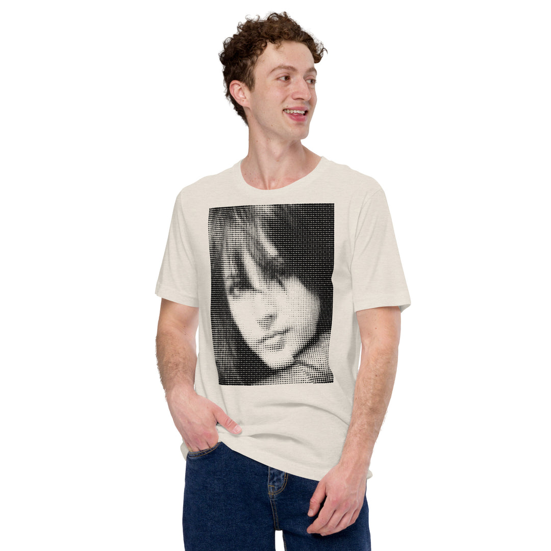 A joyful young man wearing a Halftone Girl Graphic Tee, front view.