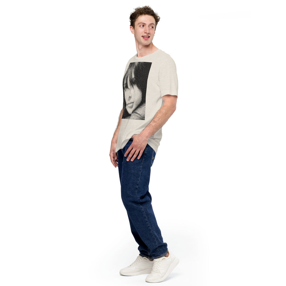 A joyful young man wearing a Halftone Girl Graphic Tee, full front left view.