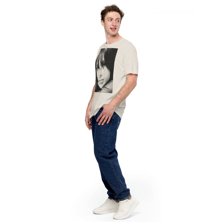 A joyful young man wearing a Halftone Girl Graphic Tee, full front left view.