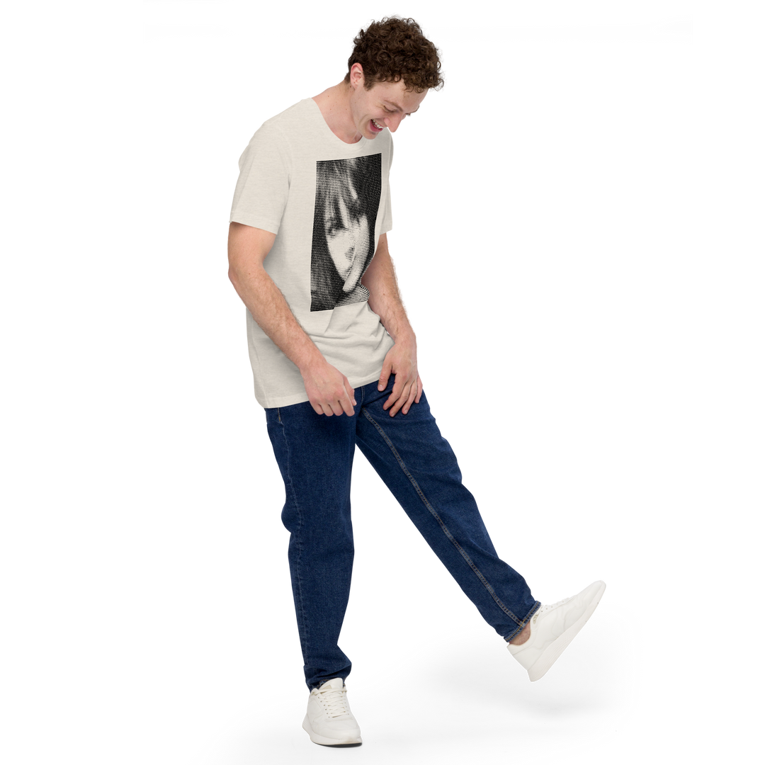 A joyful young man wearing a Halftone Girl Graphic Tee, full front right view.