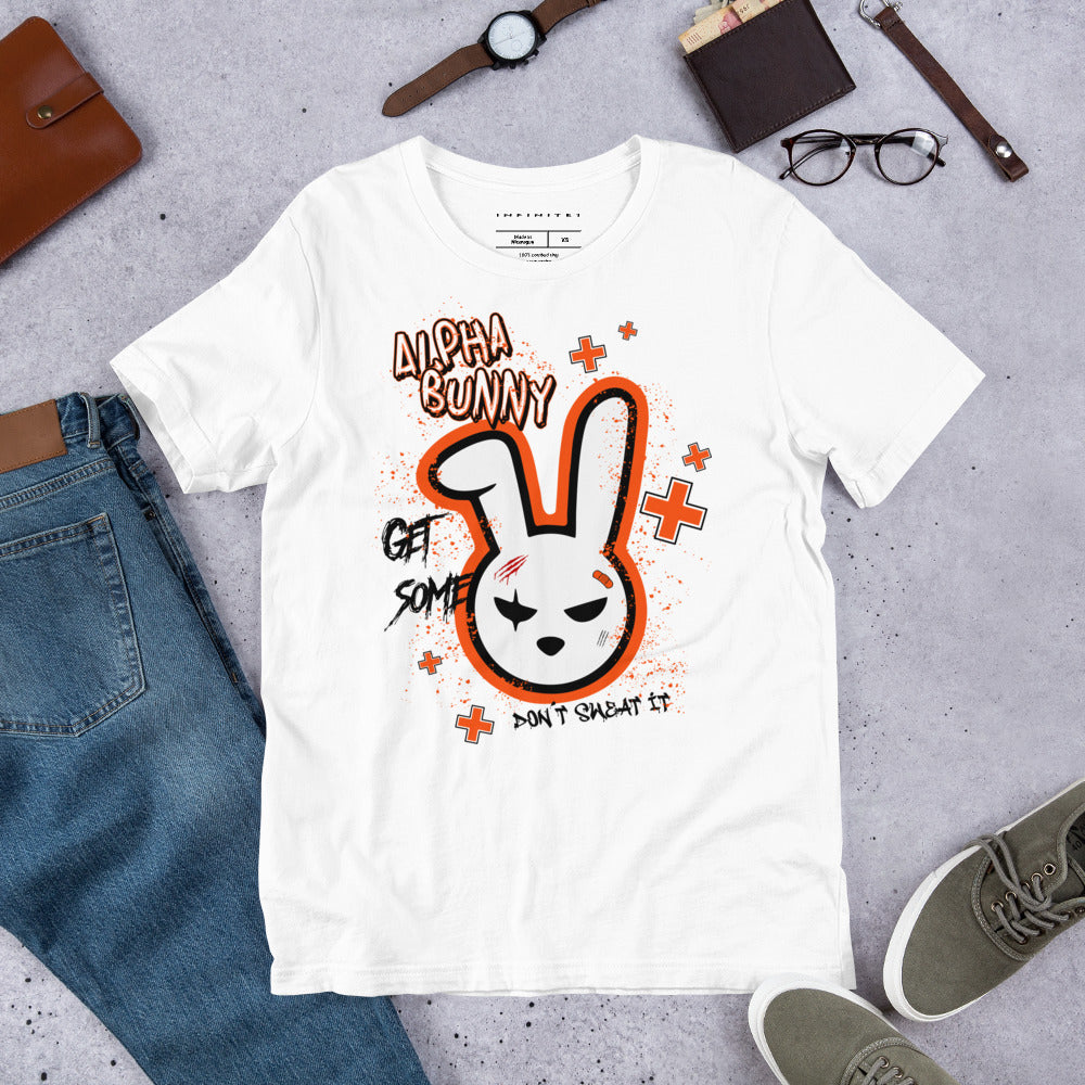 A lifestyle mockup of the Alpha Bunny Theme Graphic Tee, front view.
