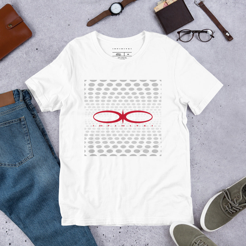 A lifestyle mockup of the Fibonacci Pattern And Brand Logo Graphic Tee, front view.