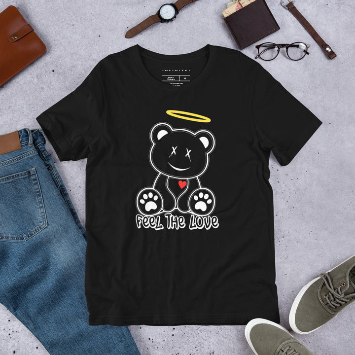 A lifestyle mockup of the Grinning Angel Bear Graphic Tee, front view.