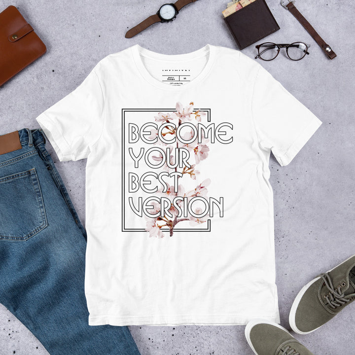 A lifestyle mockup of the Men’s Brand Slogan And Flowers Graphic Tee, front view.