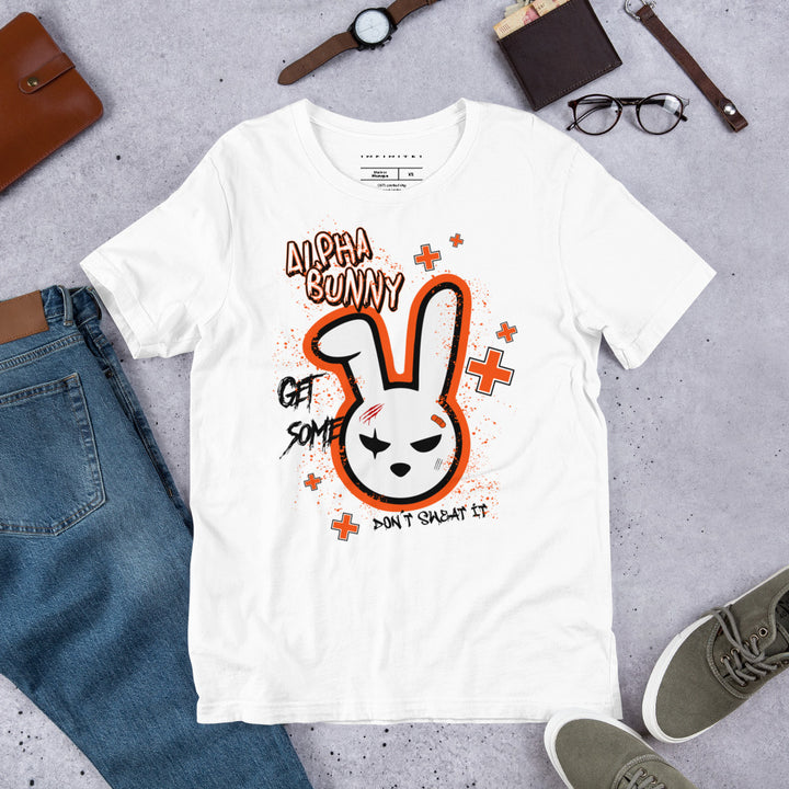 A lifestyle mockup of the Men's Cartoon Character Alpha Bunny Theme Graphic Tee, front view.