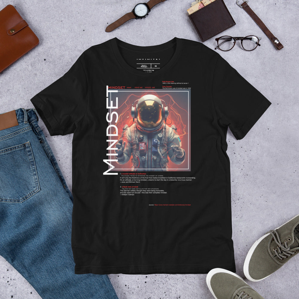 A lifestyle mockup of the Men's Concept And Spaceman Graphic Tee, full front view.