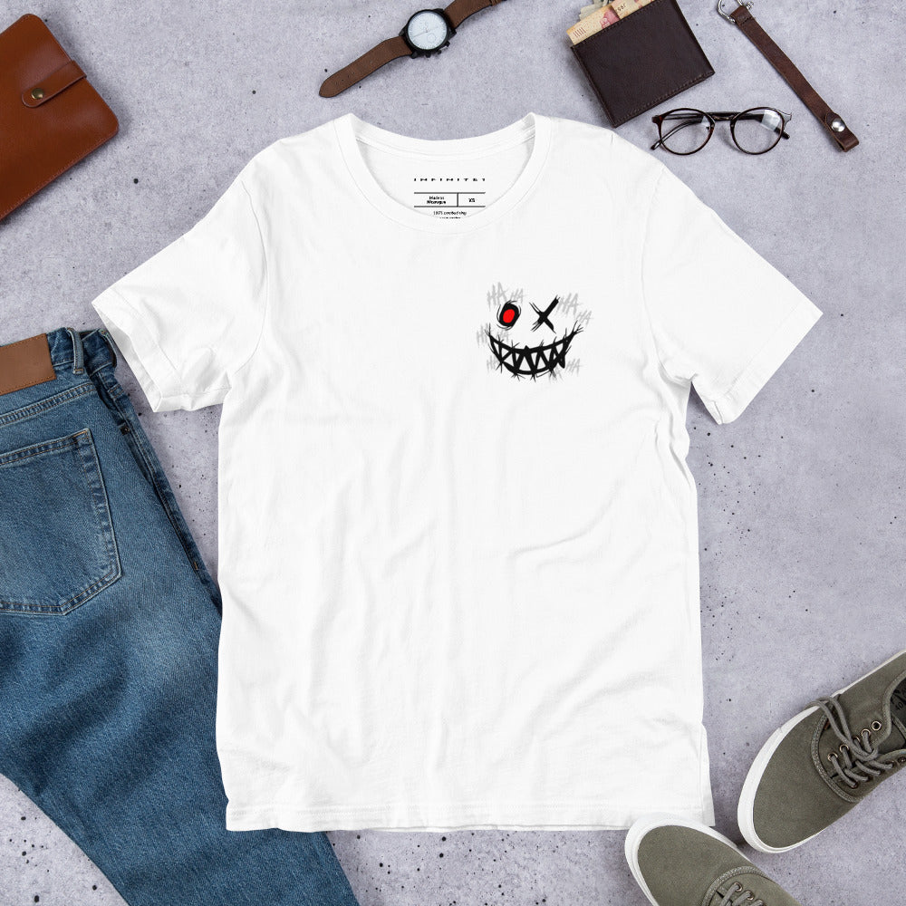 A lifestyle mockup of the Men’s Evil Grin And Slogan Short Sleeve Graphic Tee, front view.