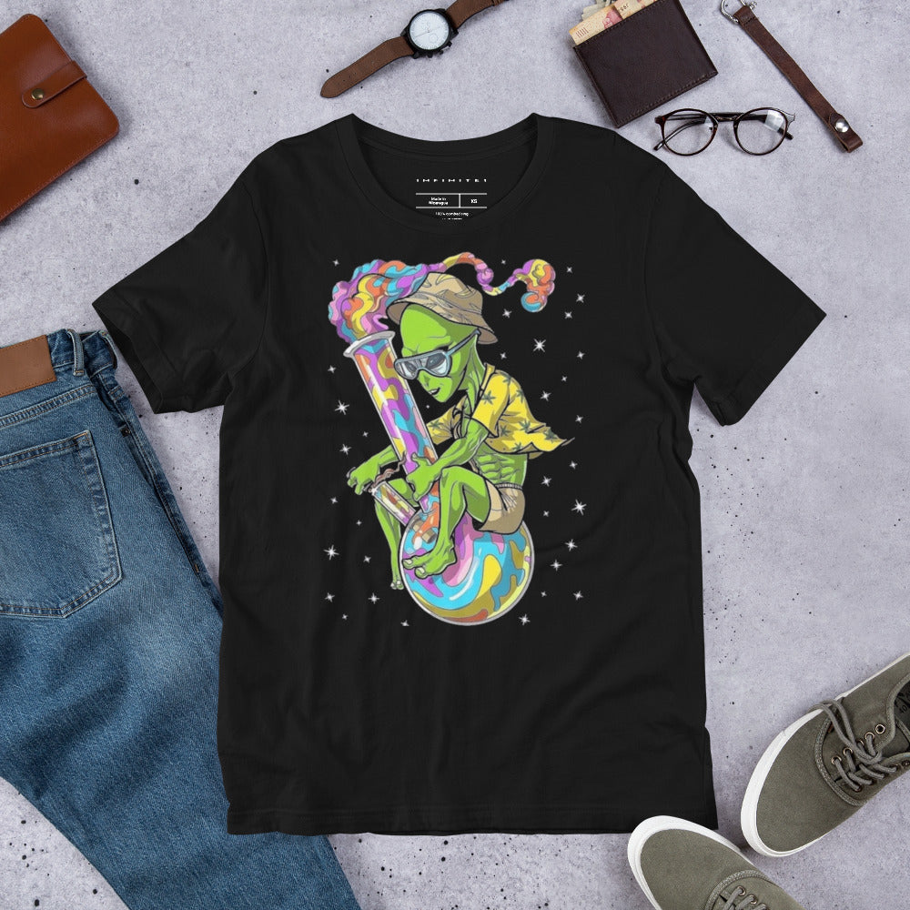 A lifestyle mockup of the Men’s Martian And Bong Theme Graphic Tee, front view.