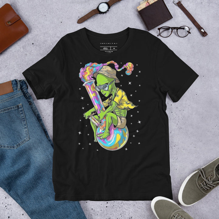 A lifestyle mockup of the Men’s Martian And Bong Theme Graphic Tee, front view.