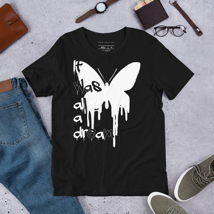 A lifestyle mockup of the Men’s Melting Butterfly And Slogan Graphic Tee, full front view.