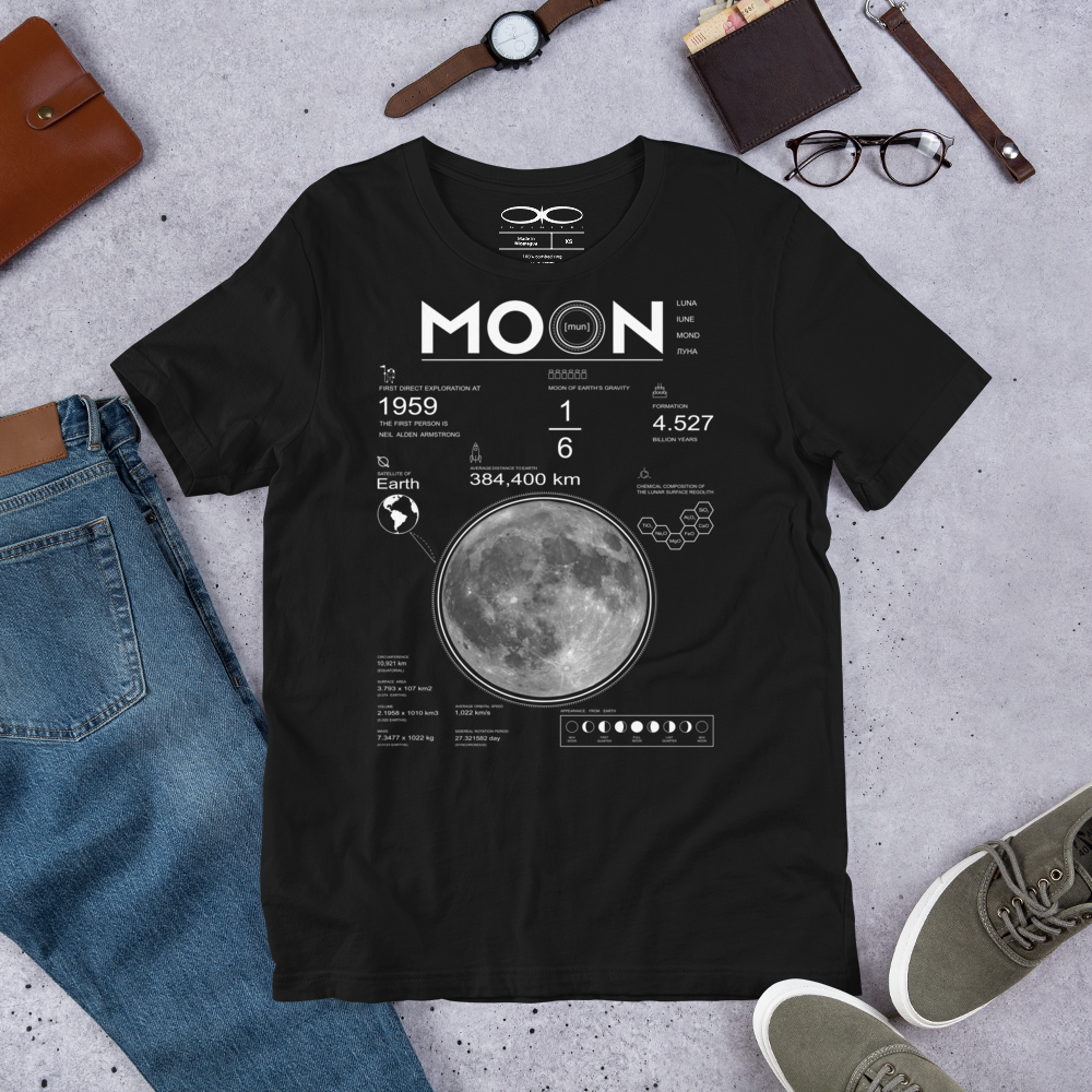 A lifestyle mockup of the Men's Moon And Lunar Data Graphic Tee, front view.