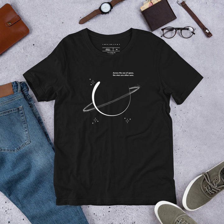 A lifestyle mockup of the Men’s Planet Doodle And Slogan Graphic Tee, front view.