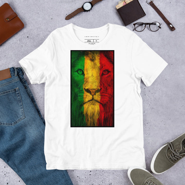 A lifestyle mockup of the Men's Rasta Lion Theme Graphic Tee, front view.