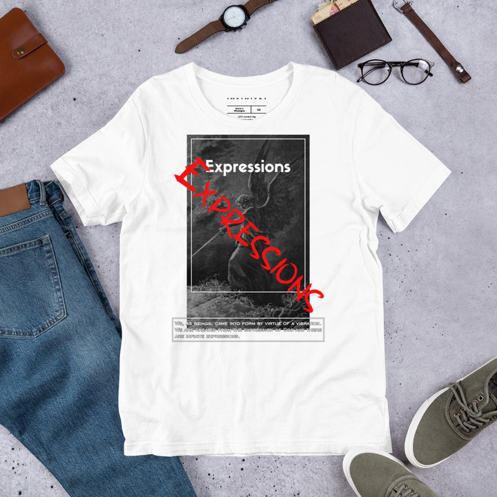 A lifestyle mockup of the Men’s Slogan and Guardian Angel Graphic Tee, front view.