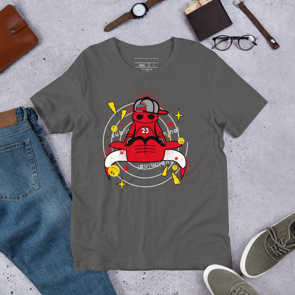 A lifestyle mockup of the Men's Subliminal Bull Cartoon Character Casual Tee, front view.