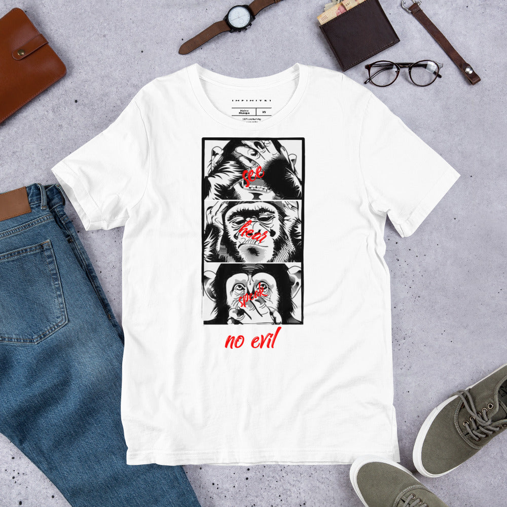 A lifestyle mockup of the Men's Three Monkeys And No Evil Theme Concept T-shirt, front view.