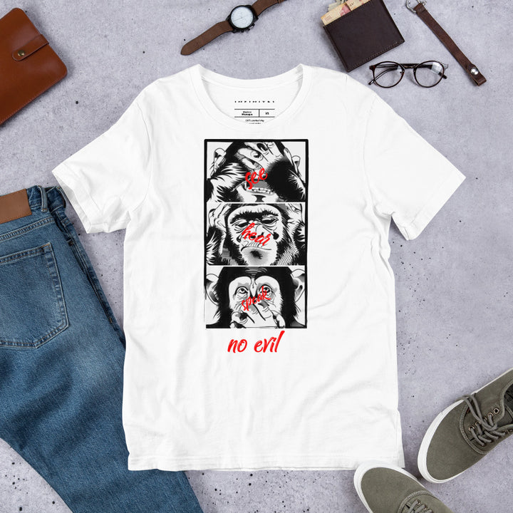 A lifestyle mockup of the Men's Three Monkeys And No Evil Theme Concept T-shirt, front view.