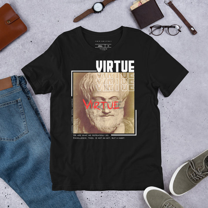 A lifestyle mockup of the Men’s Virtue Theme and Slogan Graphic T-shirt, front view.