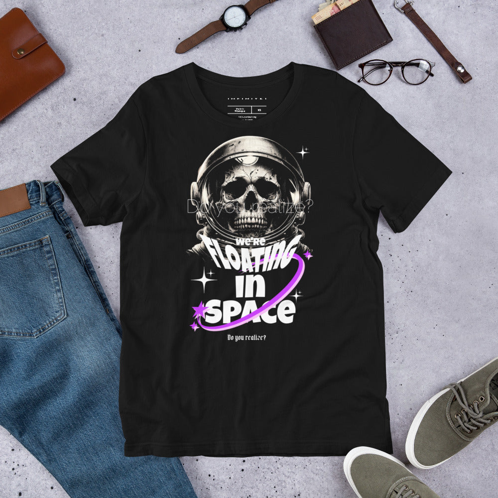 A lifestyle mockup of the Men's We're Floating In Space Theme Short Sleeve T-shirt, front view.