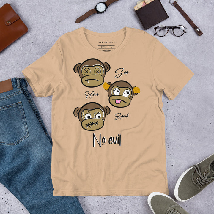 A lifestyle mockup of the No Evil Theme Graphic Tee, front view.