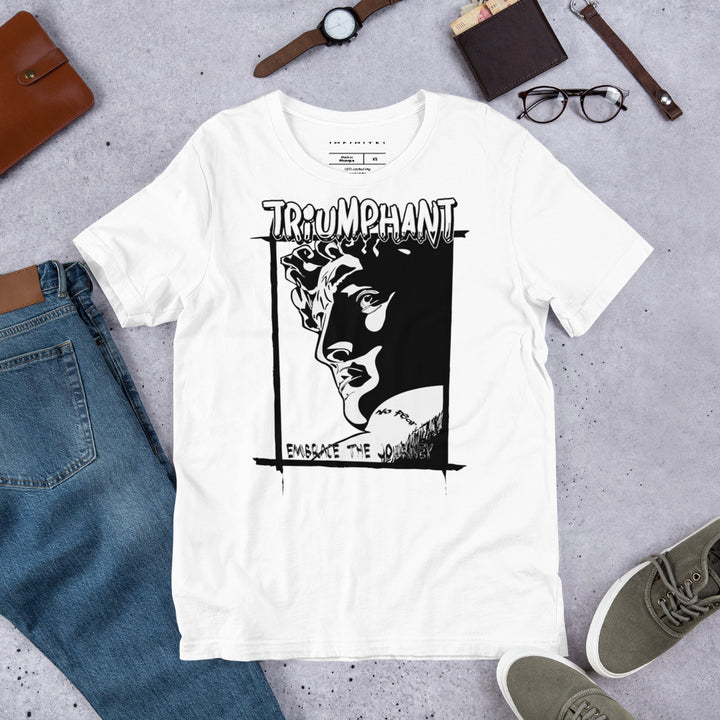 A lifestyle mockup of the Triumphant Cartoon Statue Graphic Tee, front view.