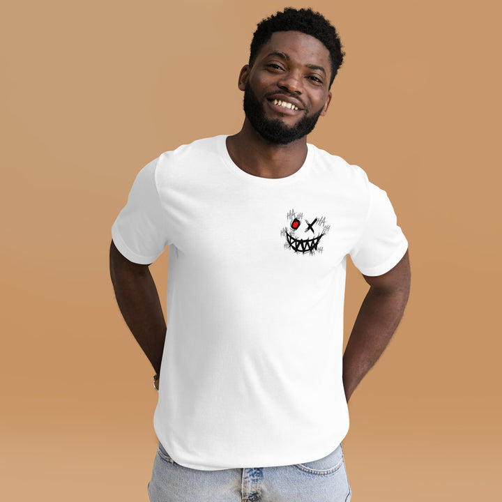 A man is wearing the Men’s Evil Grin And Slogan Short Sleeve Graphic Tee, front view.