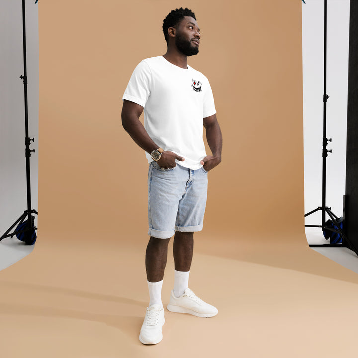 A man is wearing the Men’s Evil Grin And Slogan Short Sleeve Graphic Tee, full front view.