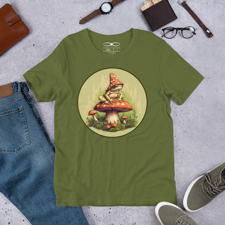 A mockup of the Men's Frog On A Mushroom Graphic T-shirt, front view.
