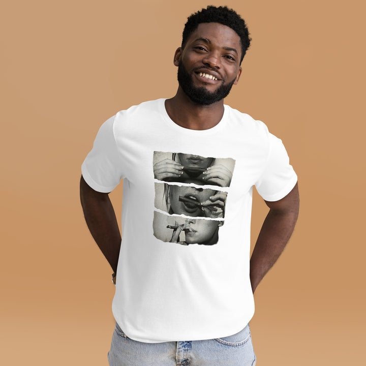 A modern man in the studio is wearing the Blunt Girl Culture Theme Graphic Tee, front view.