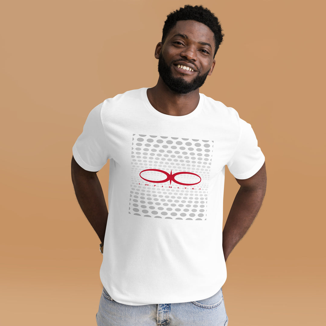 A modern man in the studio is wearing the Fibonacci Pattern And Brand Logo Graphic Tee, front view.