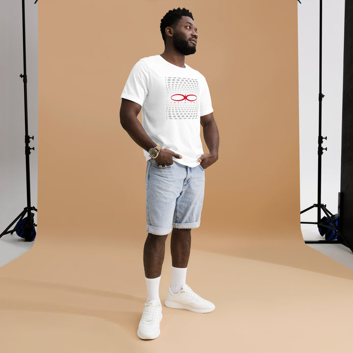 A modern man in the studio is wearing the Fibonacci Pattern And Brand Logo Graphic Tee, full front view.