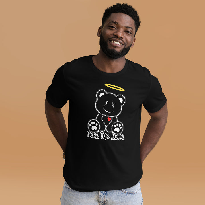 A modern man in the studio is wearing the Grinning Angel Bear Graphic Tee, front view.