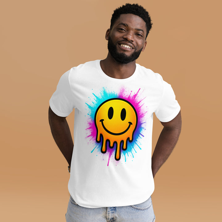 A modern man in the studio is wearing the Melting Smiley Face Graphic Tee, front view.