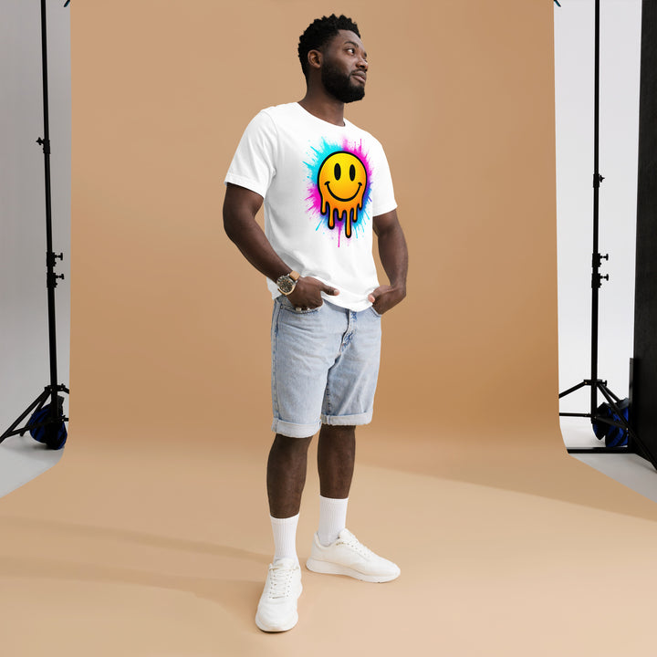 A modern man in the studio is wearing the Melting Smiley Face Graphic Tee, full front view.