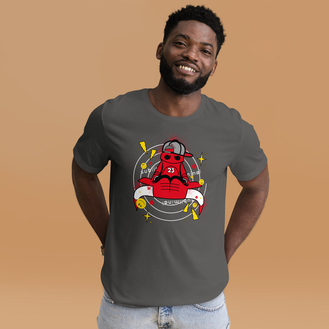 A modern man in the studio is wearing the Subliminal Bull Cartoon Character Tee, front view.