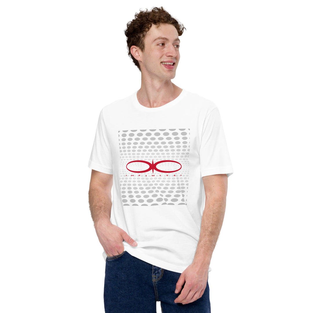 A modern man is wearing the Fibonacci Pattern And Brand Logo Graphic Tee, front view.