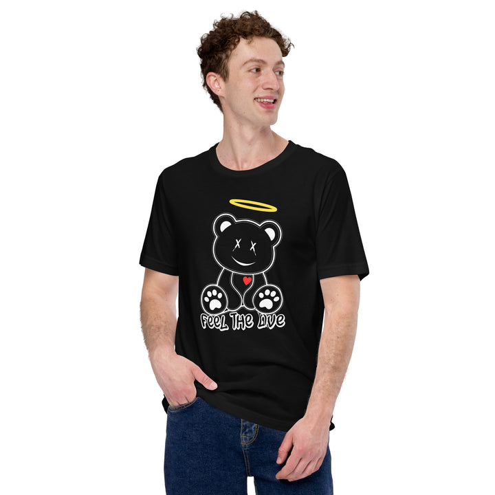A modern man is wearing the Grinning Angel Bear Graphic Tee, front view.