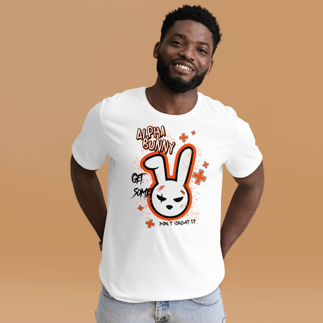 A modern young man in the studio is wearing the Alpha Bunny Theme Graphic Tee, front view.