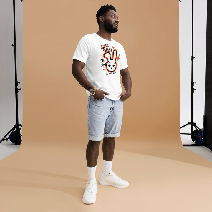 A modern young man in the studio is wearing the Alpha Bunny Theme Graphic Tee, full front view.