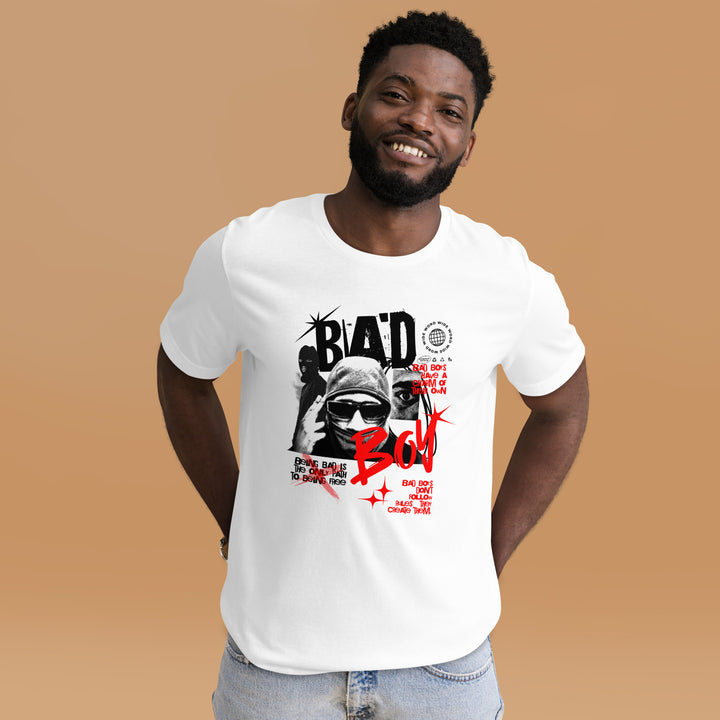 A modern young man in the studio is wearing the Bad Boy Theme Graphic Tee, front view.